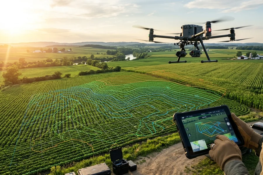Drone sobrevoando a propriedade rural para captação de dados geodésicos