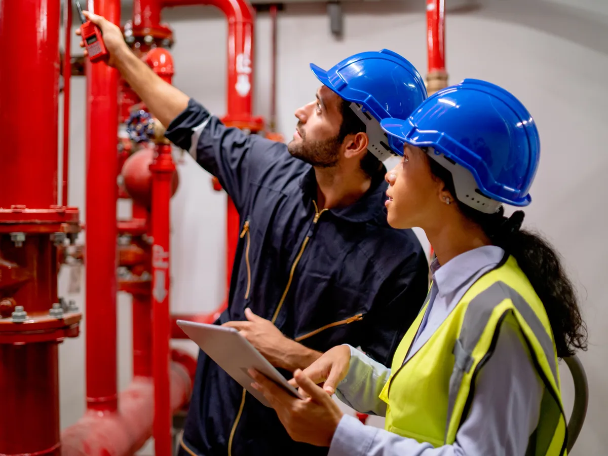 Engenheiros discutindo projeto de prevenção contra incêndio
